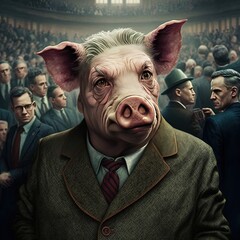 Wall Mural - Corrupt politician, pig with evil smile, making fake promises before election. Generative AI