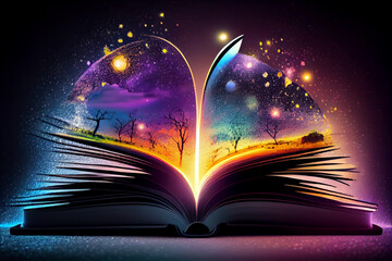 Poster -  beautiful silhouette open book  on a bright bokeh background. 