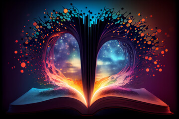 Poster -  beautiful silhouette open book  on a bright bokeh background. 