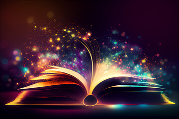 Poster -  beautiful silhouette open book  on a bright bokeh background. 