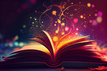 Poster -  beautiful silhouette open book  on a bright bokeh background. 