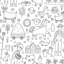 Black And White Farm Seamless Pattern With Cute Animals. Countryside Background In Cartoon Style For Coloring Page Or Fabric And Textile. Colorful Wallpaper For Kids. Vector Illustration