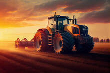 Tractor Drives Across Large Field Making Special Beds For Sowing Seeds Into Purified Soil. Agricultural Vehicle Works At Sunset In Countryside