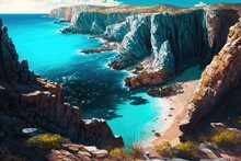 Rugged Coastline, With Jagged Cliffs And A Turquoise Sea Stretching Out To The Horizon. Generative AI