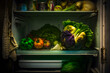 Spoiled vegetables cabbage, greens, tomatoes, cucumbers with an expired shelf life. Refrigerator off and open. Generative AI