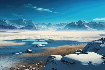 Vast expanse of frozen tundra with snow-covered mountains in the distance and a clear blue sky overhead. Generative AI