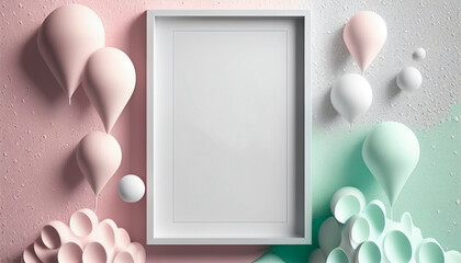 Blank poster mockup frame on pink and green textured pastel wall with modern shapes and balloons, 3D render