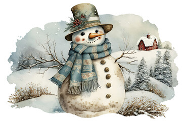 Wall Mural - Snowman with hat and scarf carrot nose barn landscape watercolor, Generative AI