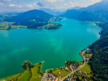 Drone View Of Scenic Mondsee Lake In Austria,