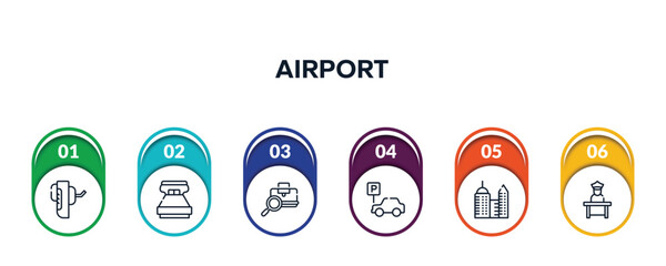 Wall Mural - airport outline icons with infographic template. thin line icons such as breathalyzer, king size, baggage verification, parking car, modern hotel, airport worker vector.