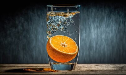  a glass of water with an orange slice inside of it.  generative ai