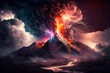 Illustration mountain with volcanic eruption clouds storm lightning AI generated