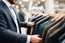 Candid Photograph Of A Man Shopping For Business Suit Formal Jacket Attire And Browsing Through Clothes On A Rack In A Department Store, Generative Ai