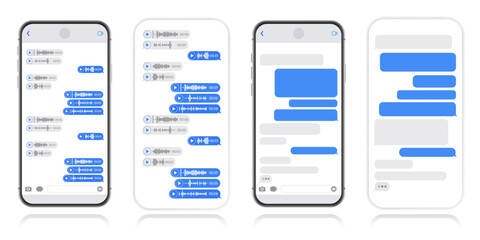 Social media design concept. Smart Phone with messenger chat screen and voice wave. Sms template bubbles for compose dialogues. Modern vector illustration flat style.