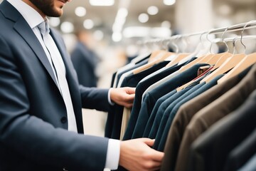 candid photograph of a man shopping for business suit formal jacket attire and browsing through clot