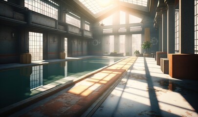 Sticker -  a large indoor swimming pool with sun shining through the windows.  generative ai