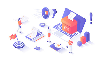 Wall Mural - Online voting. E-voting, election internet service, online choice. Ballot box with blank on laptop screen. Voting ballot on the phone screen. Isometry illustration with people scene for web graphic.