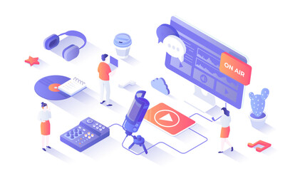 Wall Mural - Record an audio podcast. Online podcast, Blog, Radio Show. Podcasting equipment and APP - studio microphone on a stand, headphones, mixer. Isometry illustration with people scene for web graphic.