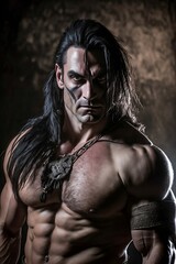 An image of a muscular fantasy barbarian wearing torn leather, scarred and scratched, and sporting long black hair contrasts with a cave ceiling.