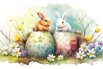 watercolor easter cute bunny eggs nature background - generative ai