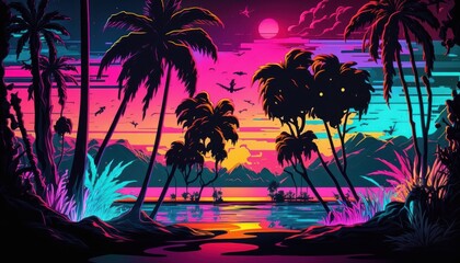 neon tropical jungle sunset poster and wallpaper - generative ai illustration