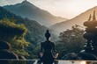 Back view of young woman meditating and practicing yoga in beautiful quiet nature landscape during sunrise. AI generative