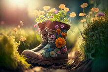 Old Rubber Boots Planted With Flowers In The Garden