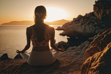 Back view of young woman meditating and practicing yoga in beautiful quiet ocean landscape during sunset. AI generative