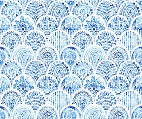 Seamless watercolor tile pattern. Blue and white wavy ornament. Grunge paper texture. Handmade.