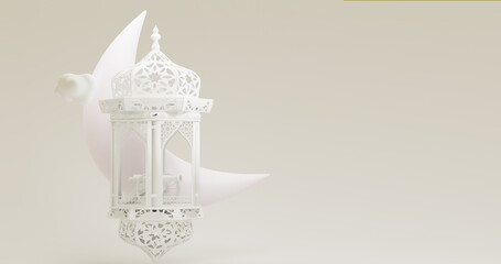 Islamic product display mock up on white pastel background. Podium, crescent moon, lantern, gift box. Ramadan, eid fitr adha, mawlid concept, 3D rendering illustration.