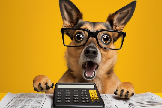 shocked cute dog in glasses with open mouth looks at calculator, concept of surprised and amazed, cr