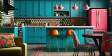 Kitchen With Bold Colorful Cabinets Patterned Countertops And Eclectic Decor Showcasing Love Of Mixing Different Styles, Concept Of Vibrant Palette And Eclectic, Created With Generative AI Technology