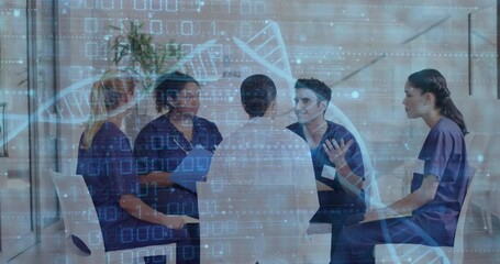 Poster - Animation of dna strands and binary data over diverse female and male doctors in discussion