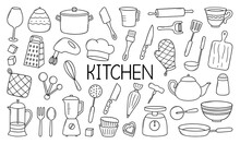 Kitchen Tools Doodle Set. Cooking Utensil In Sketch Style. Hand Drawn Vector Illustration Isolated On White Background