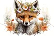 © Fox Ave Designs - Springtime adorable baby fox wearing a flower crown. Cute children's book illustration of cuddly animal in spring.