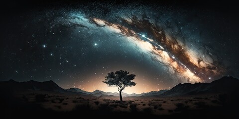 Wall Mural - abstract milky way stars and galaxy across the sky with sunset, clouds, and sun. night landscape cos