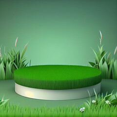 Podium or platform for product presentation display with green grass scene. Generative AI