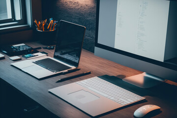 Office table with electronics, accessories and computers, other technological devices on the work table.