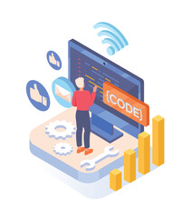 Business correction of mistakes. Woman finds and fixes errors in code of program, app or website. Technical support and programmer in front of monitor screen. Cartoon isometric vector illustration