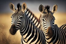 Masai Mara, Kenya, On A Safari, With Zebras Standing Side By Side. Generative AI