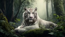 A Majestic White Tiger Resting In A Forest