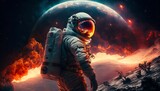 Fototapeta Kosmos - Astronaut cosmonaut discovery of space nebula with Generative AI Technology.