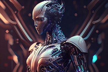 Futuristic Robot: A humanoid robot  stands amidst abstract background. Generative AI