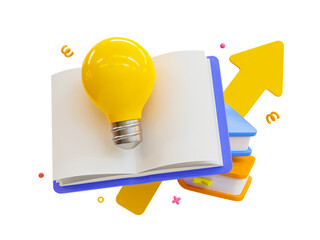 3d minimal self-development concept. Self-learning concept. Reading a book to get a new idea. Knowledge seeking. Textbook with a light bulb. 3d rendering illustration.