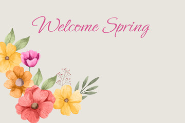  Happy Spring. Welcome spring background with floral blossom. Vector Illustration.
