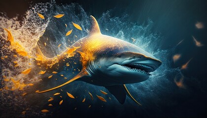 cool, epic, artistic, beautiful, and unique illustration of bull shark animal cinematic adventure: a