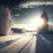 Landscape Of A Winter Road Through A Forest Covered With Snow With The Sun Shining Through. AI Generated