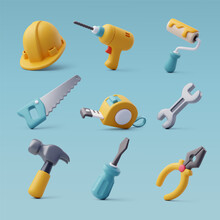 3d Vector Of Construction Tools Icon Set, Industrial And Worker Equipment.