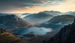 Aerial view of valley lake panorama from mountain top. Photo generative AI