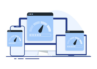 Smartphone, laptop and computer with internet connection speed test on the screen, Internet download speed, and network performance on web page flat illustration 